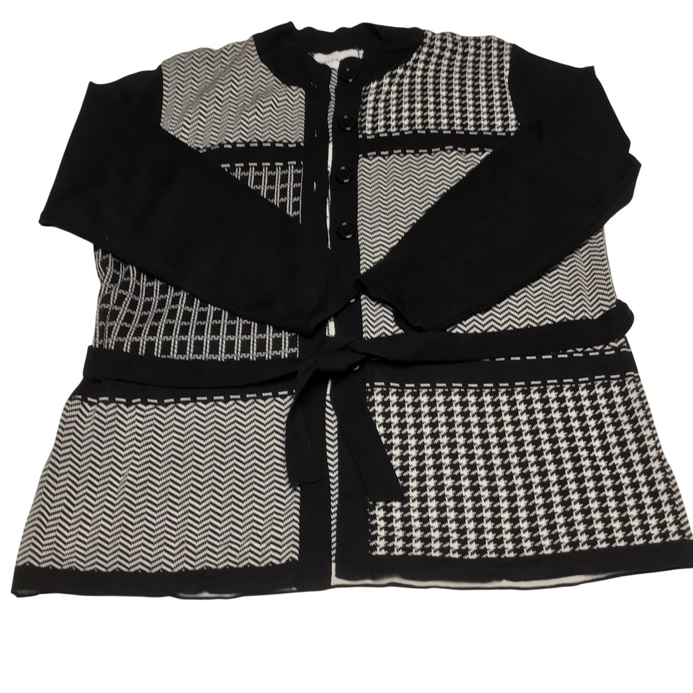 Alfred Dunner Button Down Black  Patchwork Belted Cardigan Sweater Women's XL‎